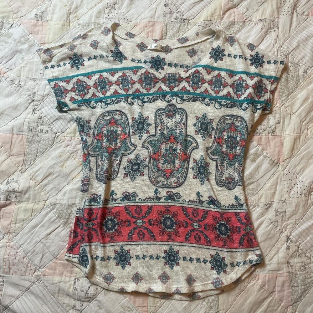 vintage y2k stretchy trippy boho hamsa knit feminine cut t shirt size small